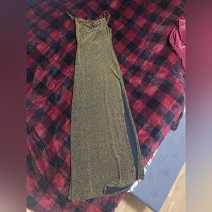 NWT gold strappy maxi dress slit SZ M black glitter